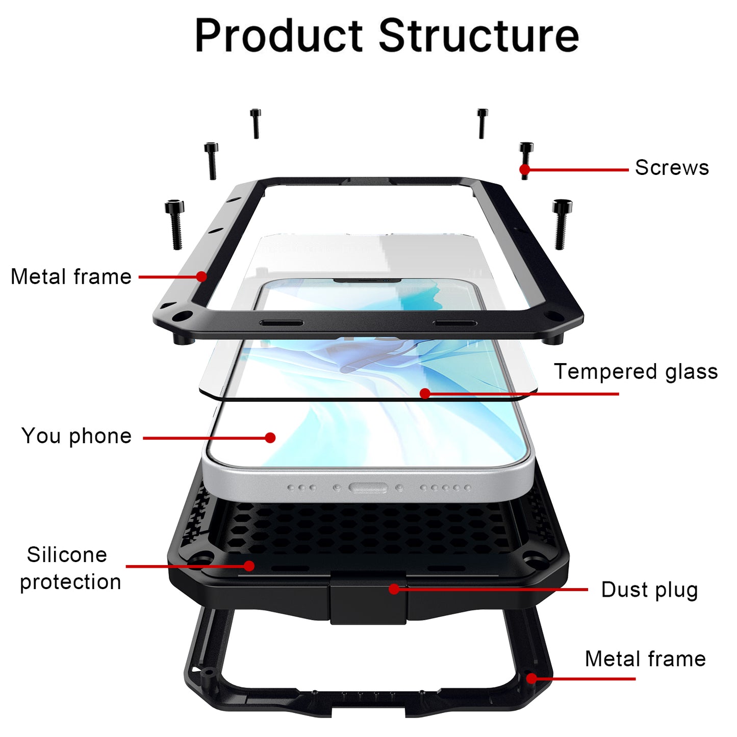 Tank Series Heavy Duty Sturdy Protection Hybrid Metal Case with Built-in Tempered Glass Film for iPhone 13 Pro Max 6.7 inch