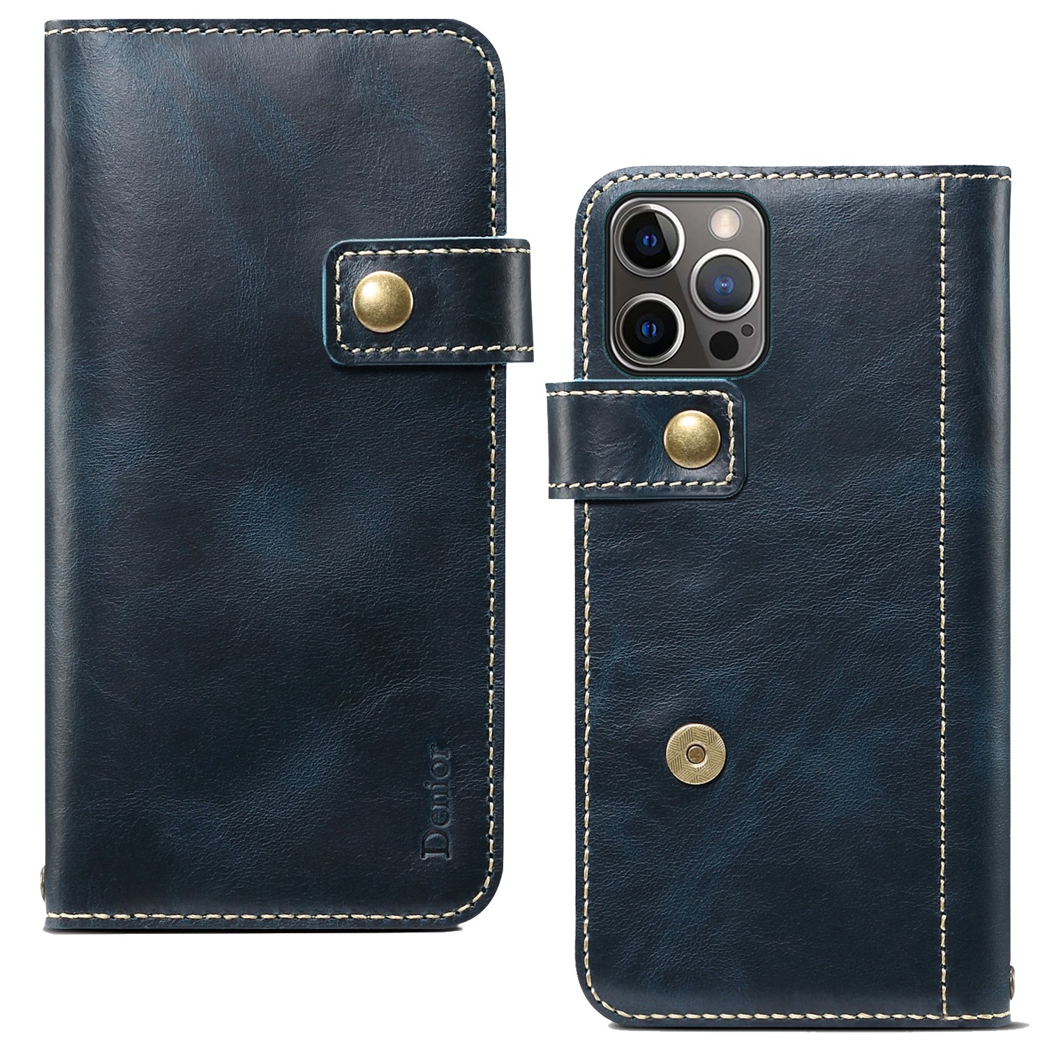 DENIOR Stand Wallet Design Cowhide Leather Full Protection Phone Cover Case for iPhone 13 Pro 6.1 inch
