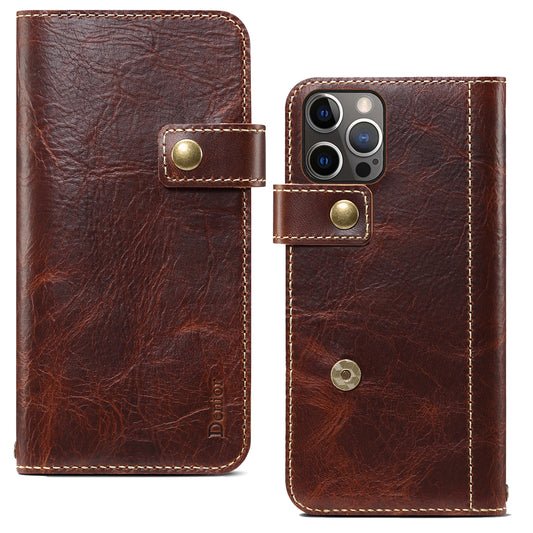 DENIOR Stand Wallet Design Cowhide Leather Full Protection Phone Cover Case for iPhone 13 Pro 6.1 inch