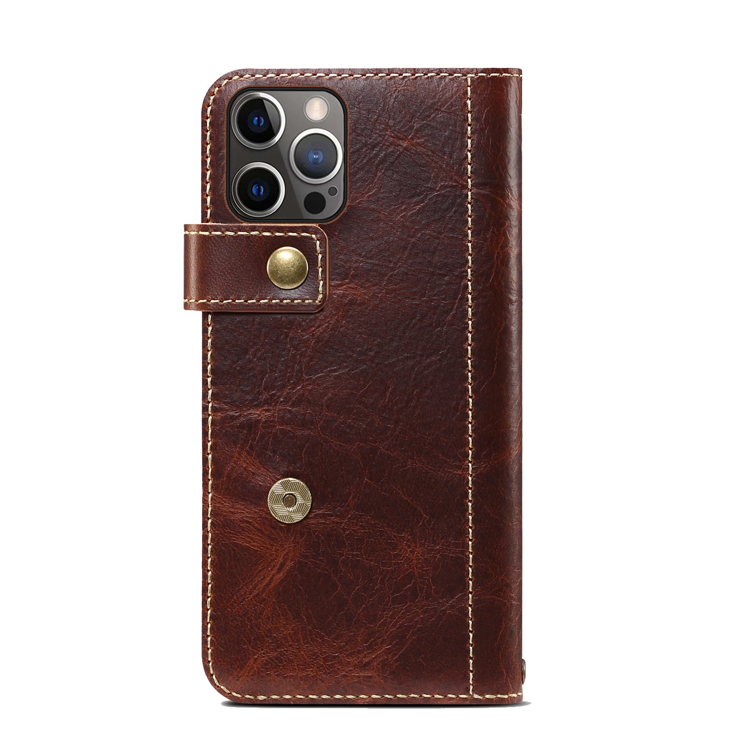 DENIOR Stand Wallet Design Cowhide Leather Full Protection Phone Cover Case for iPhone 13 Pro 6.1 inch