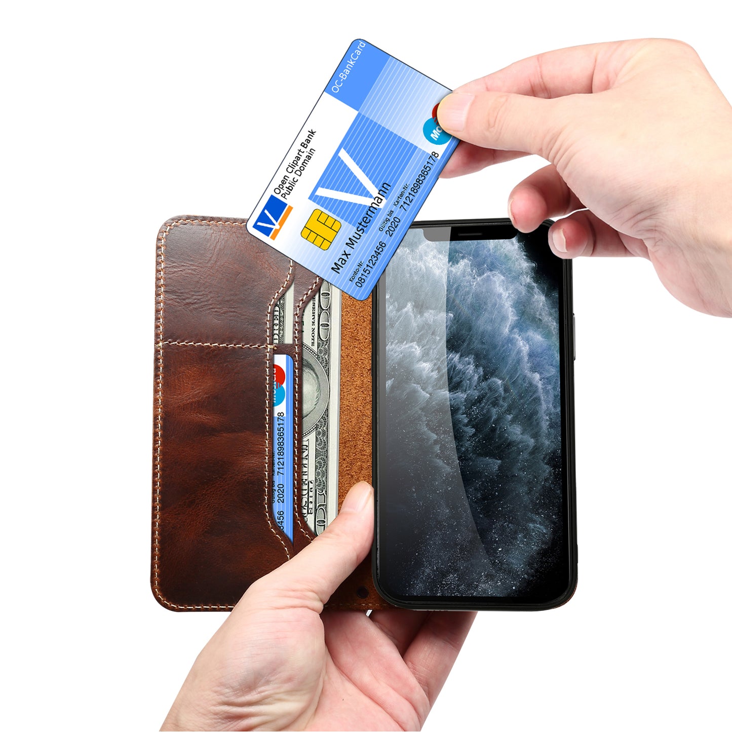 DENIOR Stand Wallet Design Cowhide Leather Full Protection Phone Cover Case for iPhone 13 Pro 6.1 inch