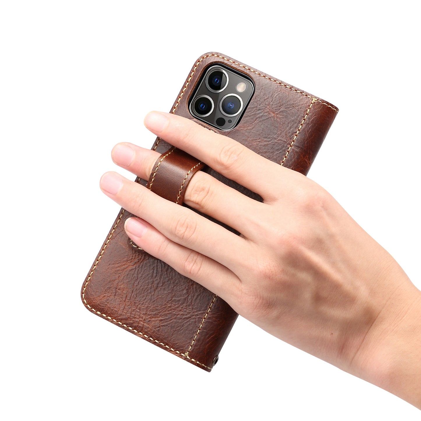 DENIOR Stand Wallet Design Cowhide Leather Full Protection Phone Cover Case for iPhone 13 Pro 6.1 inch