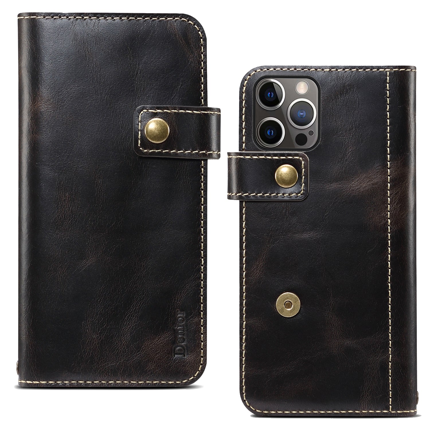 DENIOR Stand Wallet Design Cowhide Leather Full Protection Phone Cover Case for iPhone 13 Pro 6.1 inch