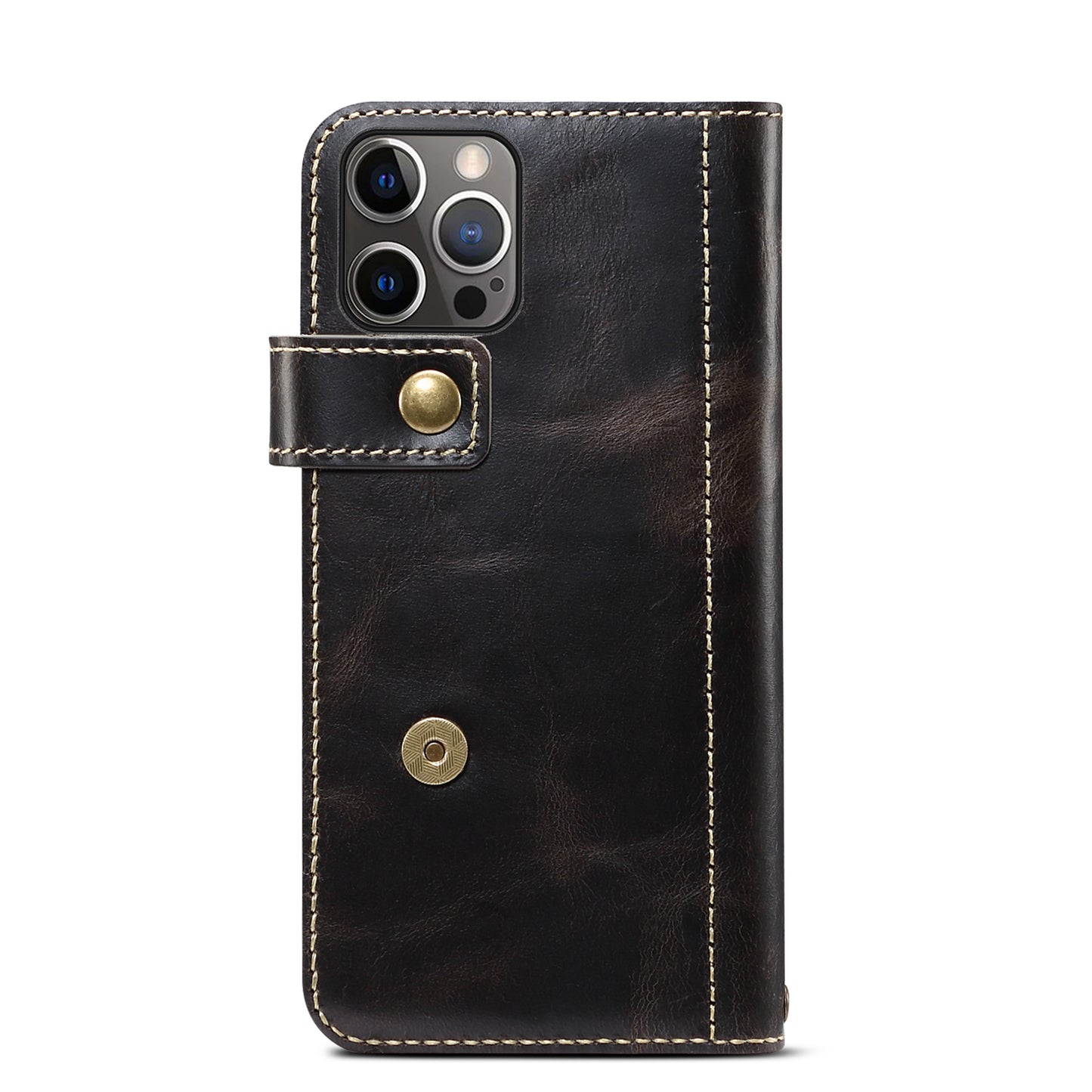 DENIOR Stand Wallet Design Cowhide Leather Full Protection Phone Cover Case for iPhone 13 Pro 6.1 inch