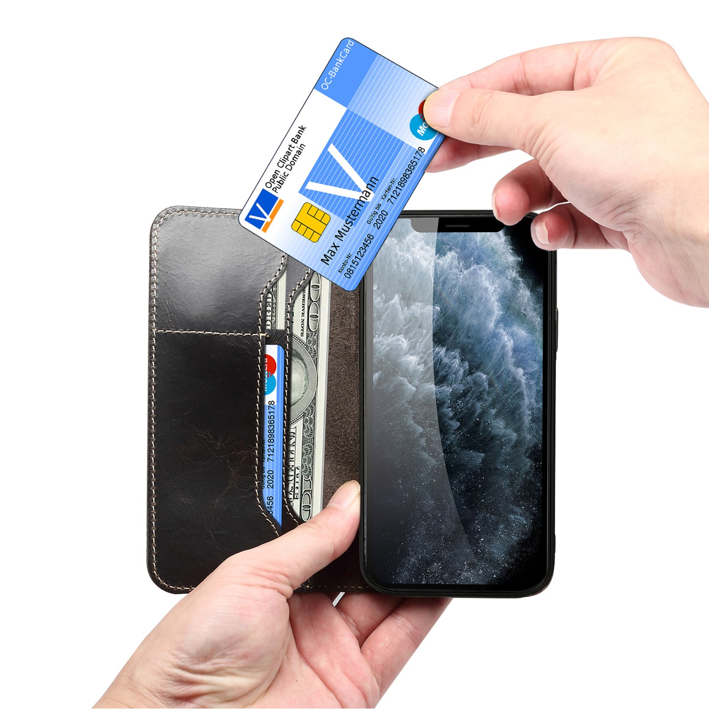 DENIOR Stand Wallet Design Cowhide Leather Full Protection Phone Cover Case for iPhone 13 Pro 6.1 inch