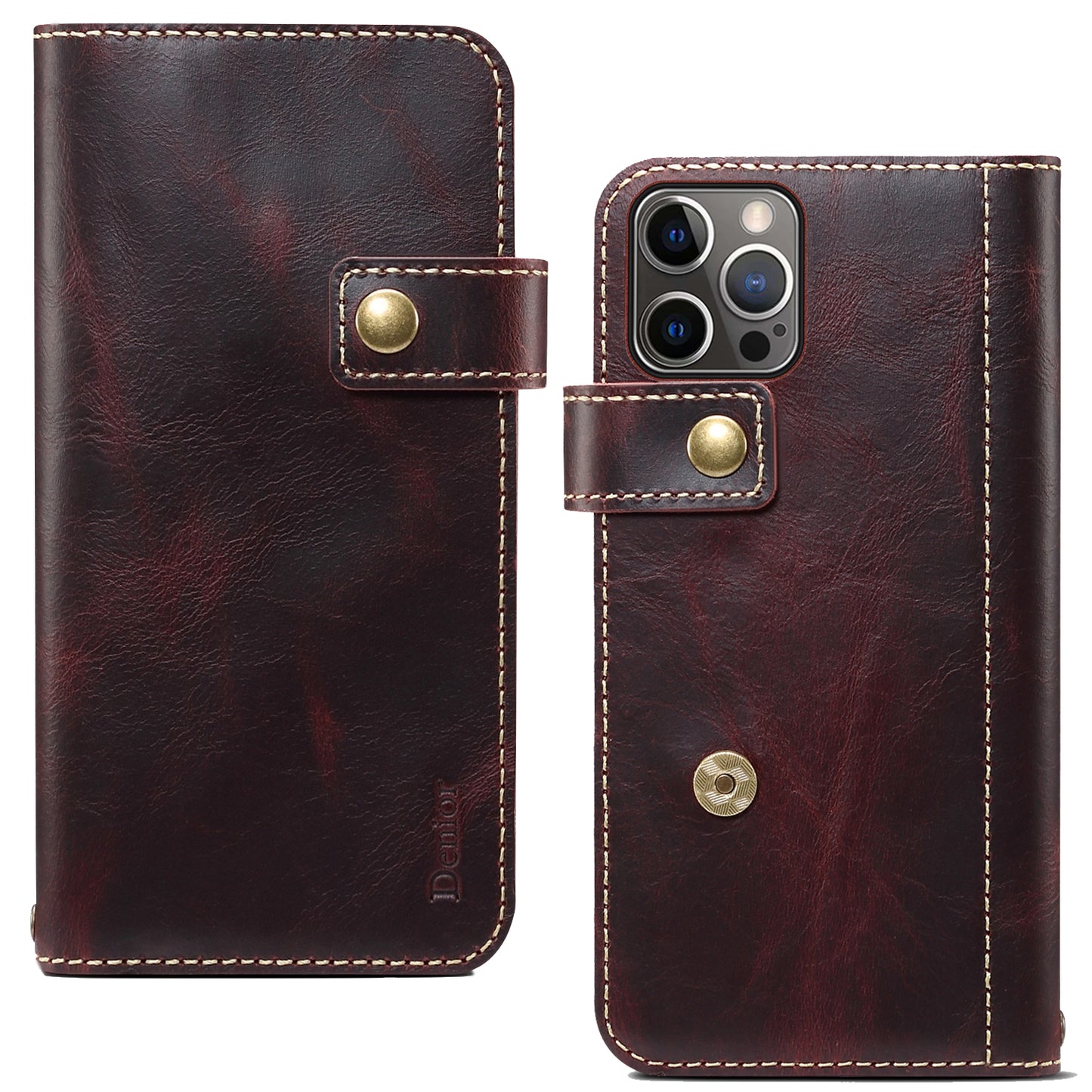 DENIOR Cowhide Leather Stand Wallet Protective Phone Cover Case with Magnetic Clasp Closure for iPhone 13 Pro Max 6.7 inch