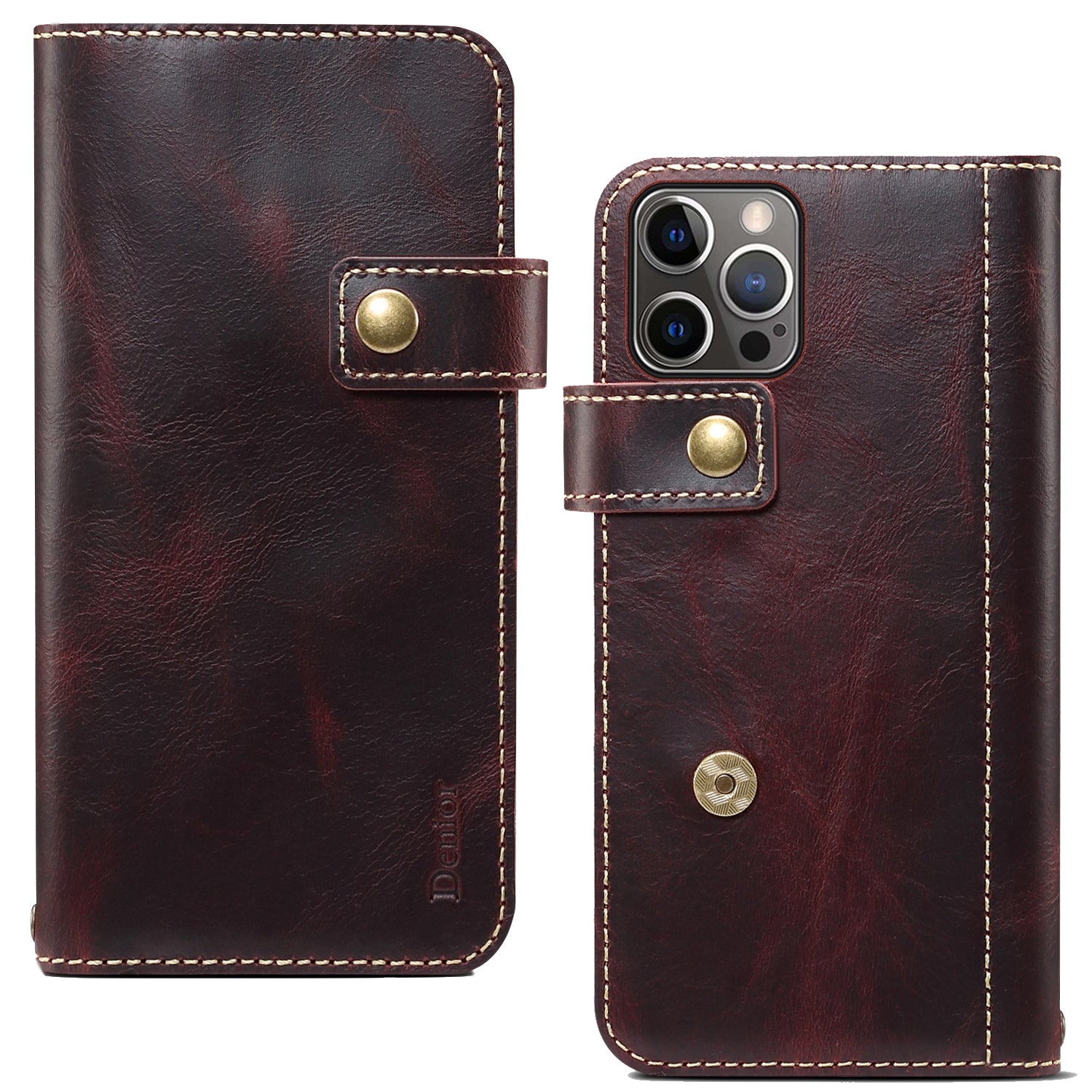 DENIOR Cowhide Leather Stand Wallet Protective Phone Cover Case with Magnetic Clasp Closure for iPhone 13 Pro Max 6.7 inch