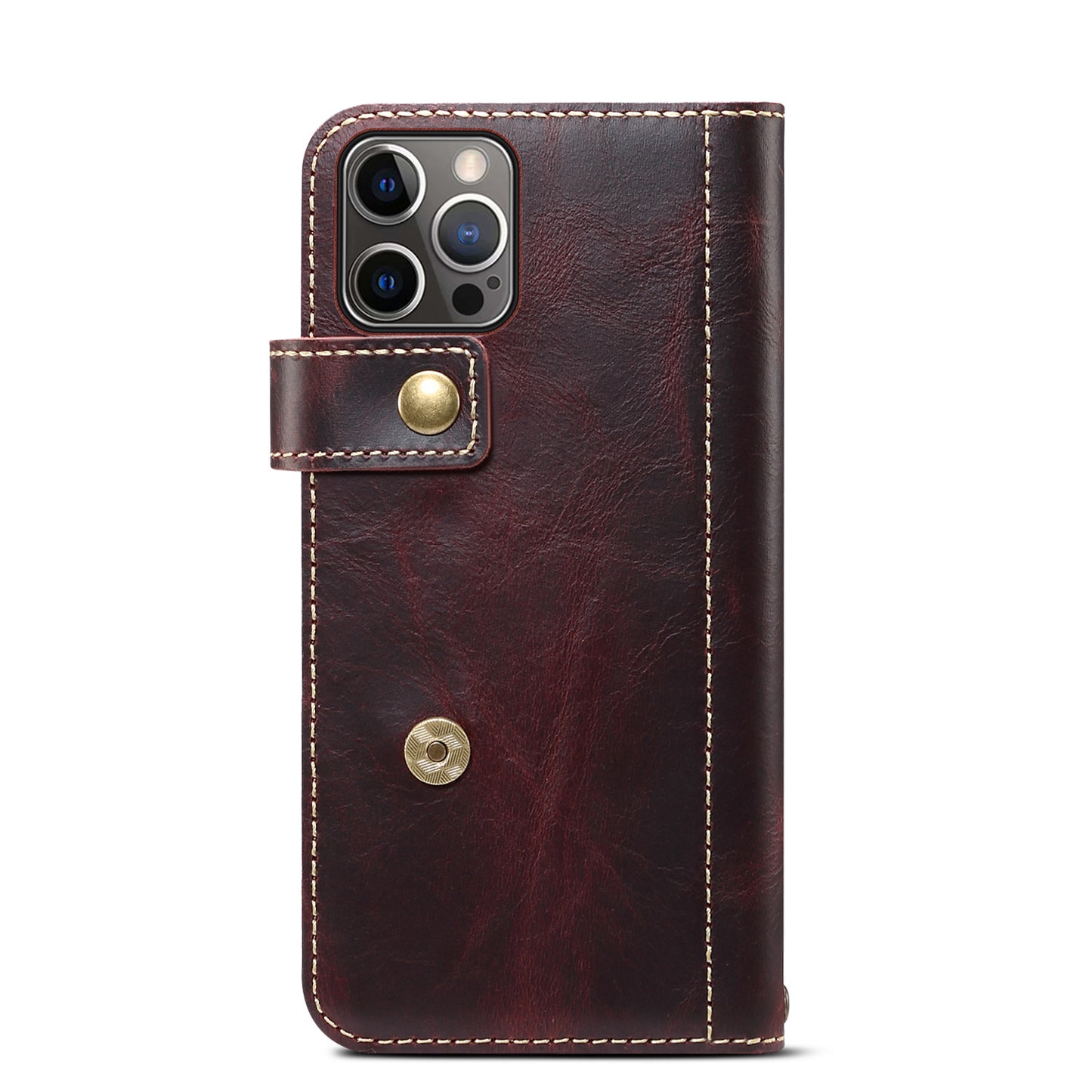 DENIOR Cowhide Leather Stand Wallet Protective Phone Cover Case with Magnetic Clasp Closure for iPhone 13 Pro Max 6.7 inch