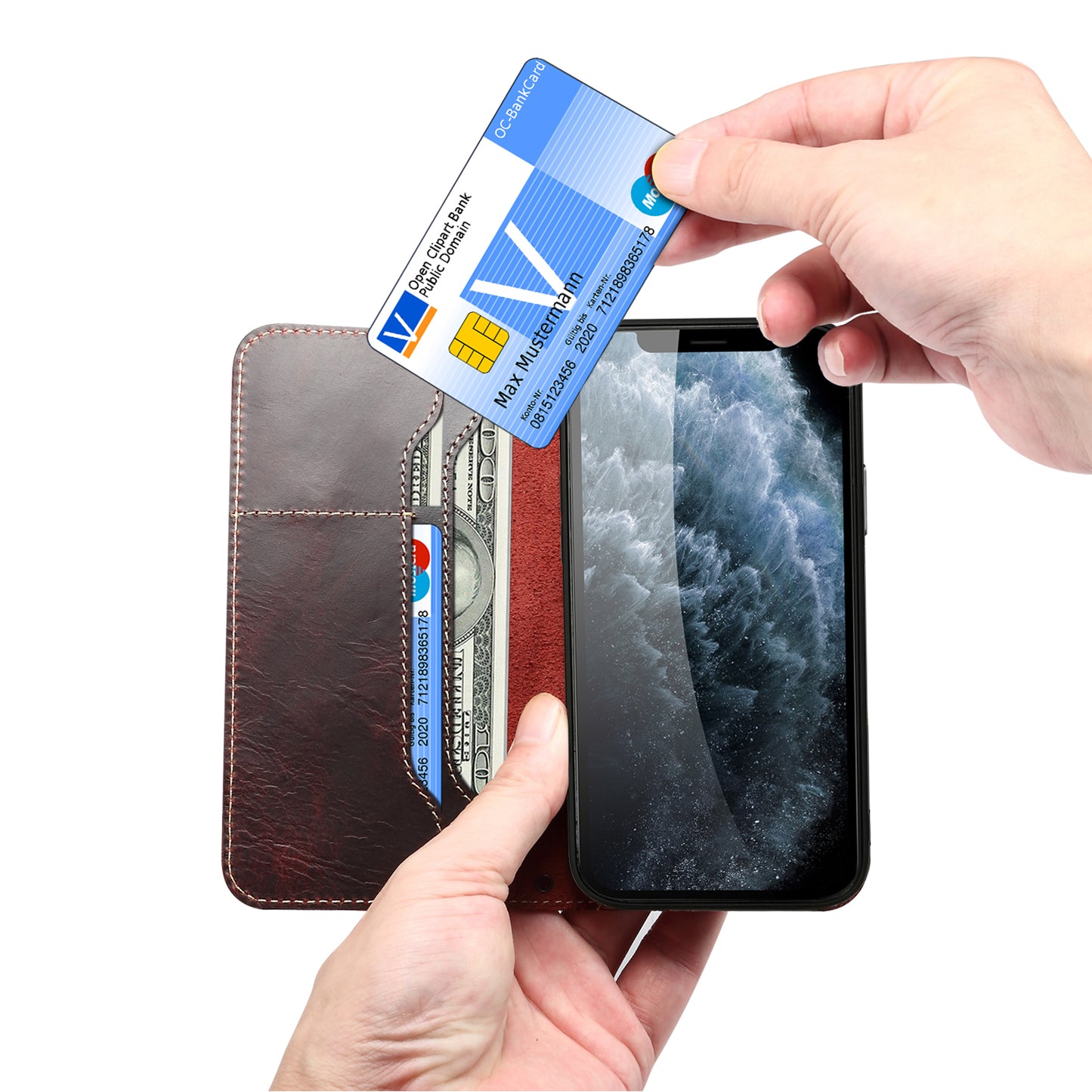 DENIOR Cowhide Leather Stand Wallet Protective Phone Cover Case with Magnetic Clasp Closure for iPhone 13 Pro Max 6.7 inch