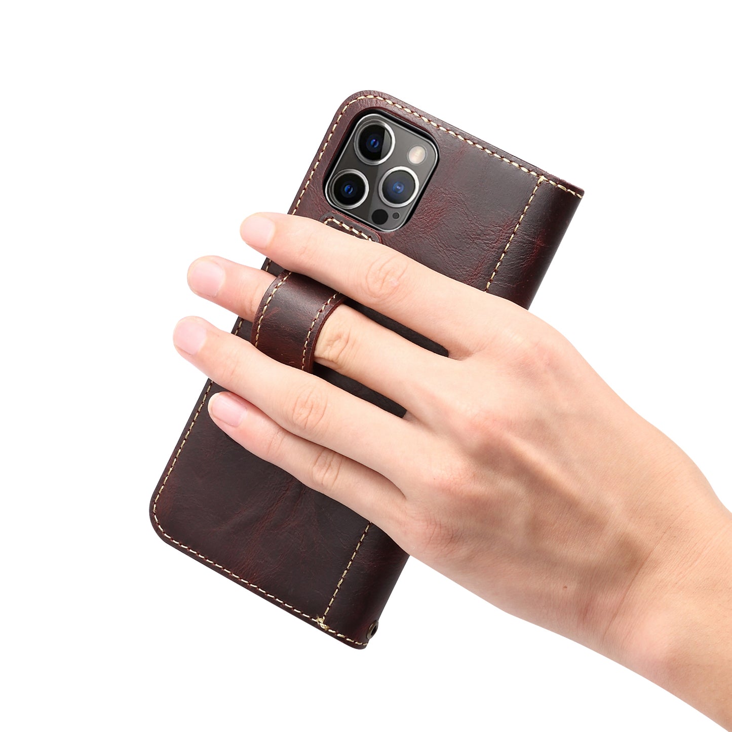 DENIOR Cowhide Leather Stand Wallet Protective Phone Cover Case with Magnetic Clasp Closure for iPhone 13 Pro Max 6.7 inch