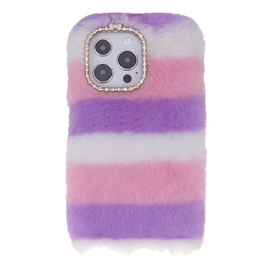 Rainbow Furry Fluffy Phone Case Soft TPU Back Cover with Bling Rhinestone for iPhone 13 Pro 6.1 inch