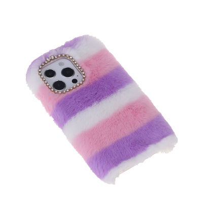 Rainbow Furry Fluffy Phone Case Soft TPU Back Cover with Bling Rhinestone for iPhone 13 Pro 6.1 inch