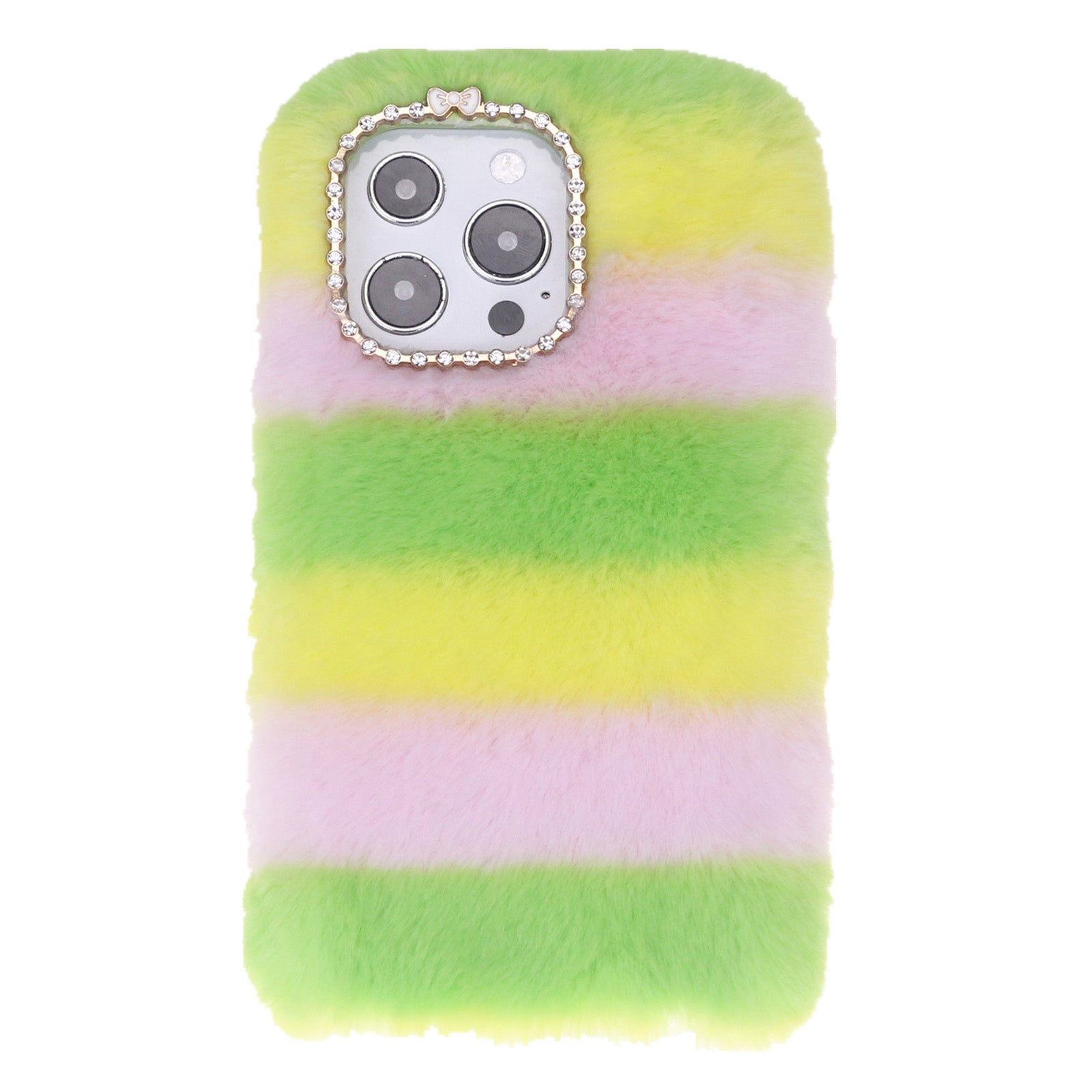 Rainbow Furry Fluffy Phone Case Soft TPU Back Cover with Bling Rhinestone for iPhone 13 Pro 6.1 inch
