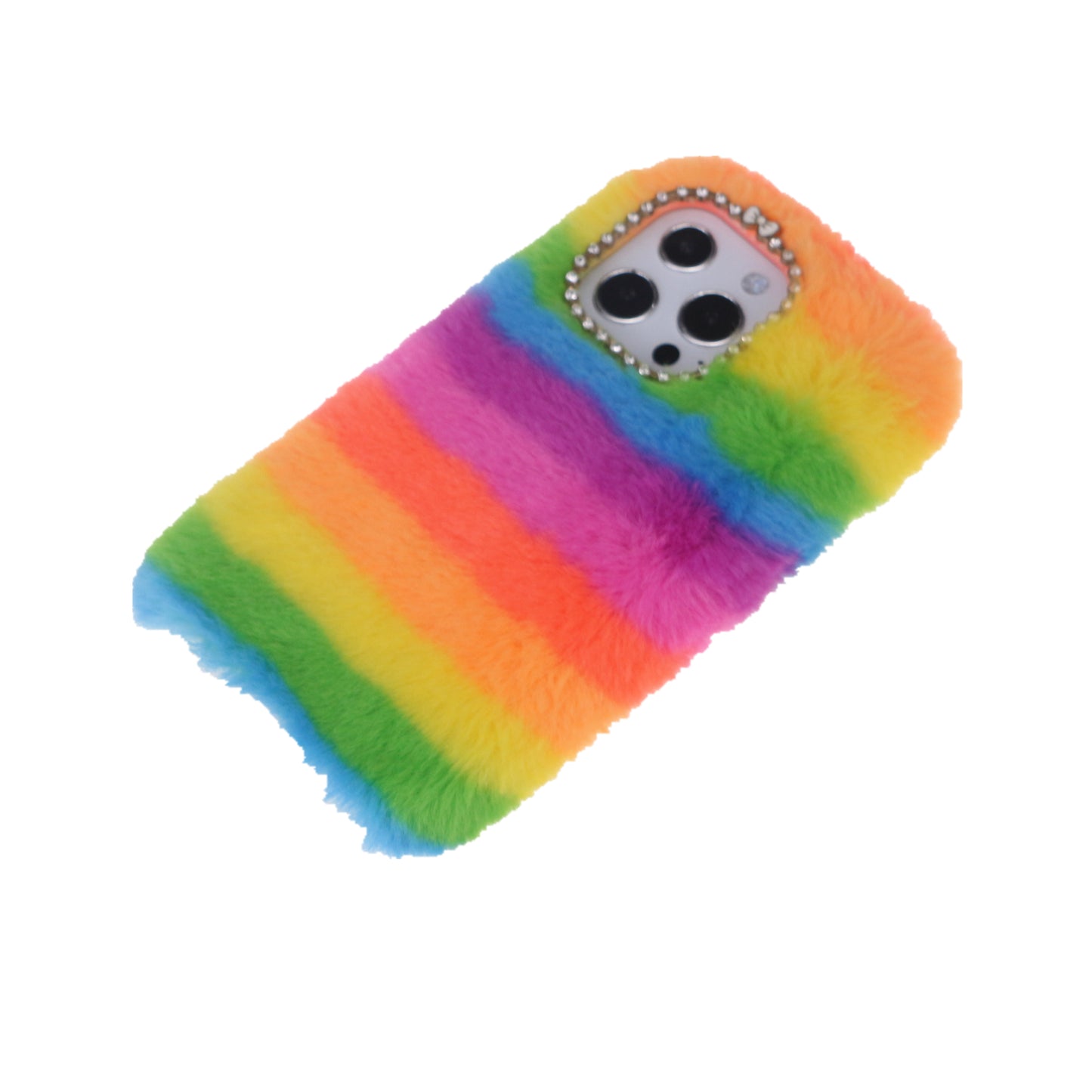 Rainbow Furry Fluffy Phone Case Soft TPU Back Cover with Bling Rhinestone for iPhone 13 Pro 6.1 inch