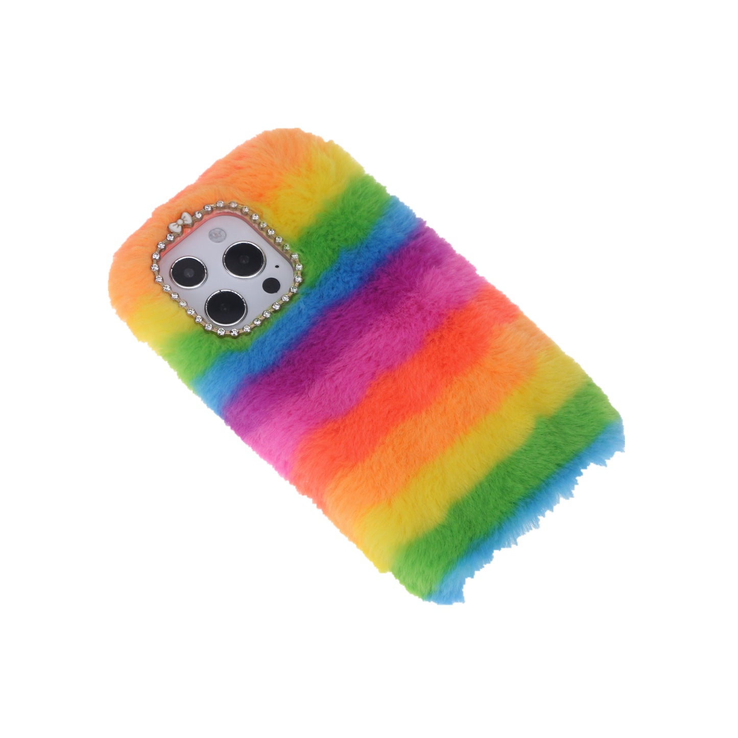 Rainbow Furry Fluffy Phone Case Soft TPU Back Cover with Bling Rhinestone for iPhone 13 Pro 6.1 inch