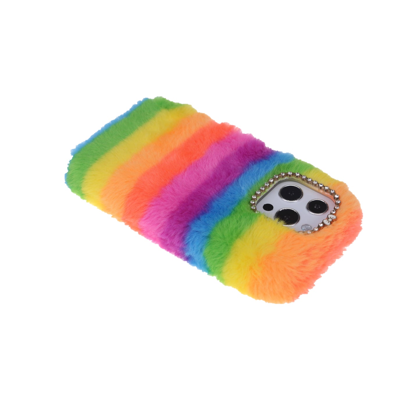 Rainbow Furry Fluffy Phone Case Soft TPU Back Cover with Bling Rhinestone for iPhone 13 Pro 6.1 inch