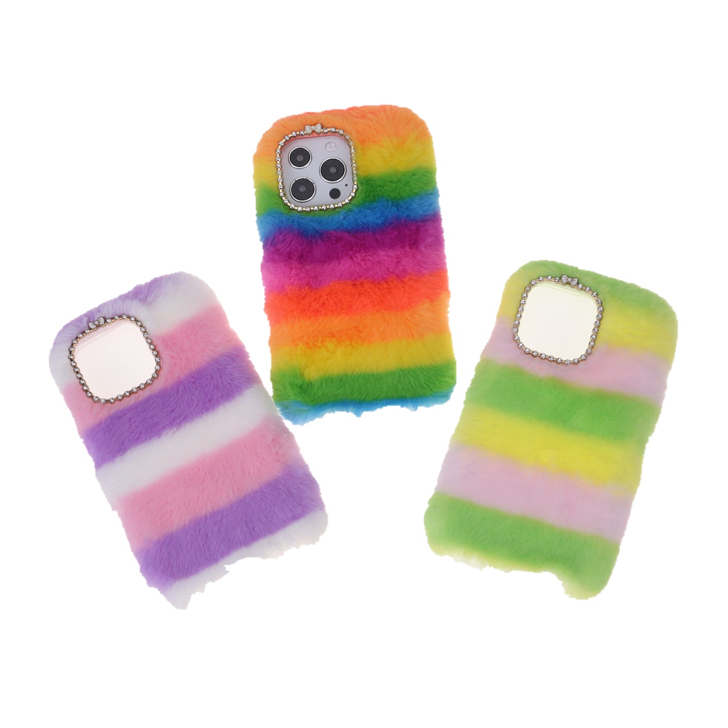 Rainbow Furry Fluffy Phone Case Soft TPU Back Cover with Bling Rhinestone for iPhone 13 Pro 6.1 inch