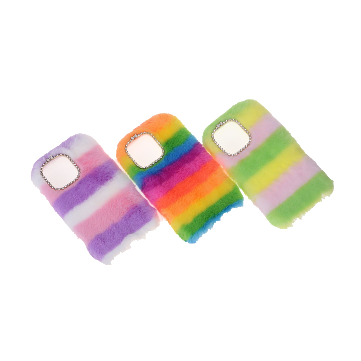 Rainbow Furry Fluffy Phone Case Soft TPU Back Cover with Bling Rhinestone for iPhone 13 Pro 6.1 inch