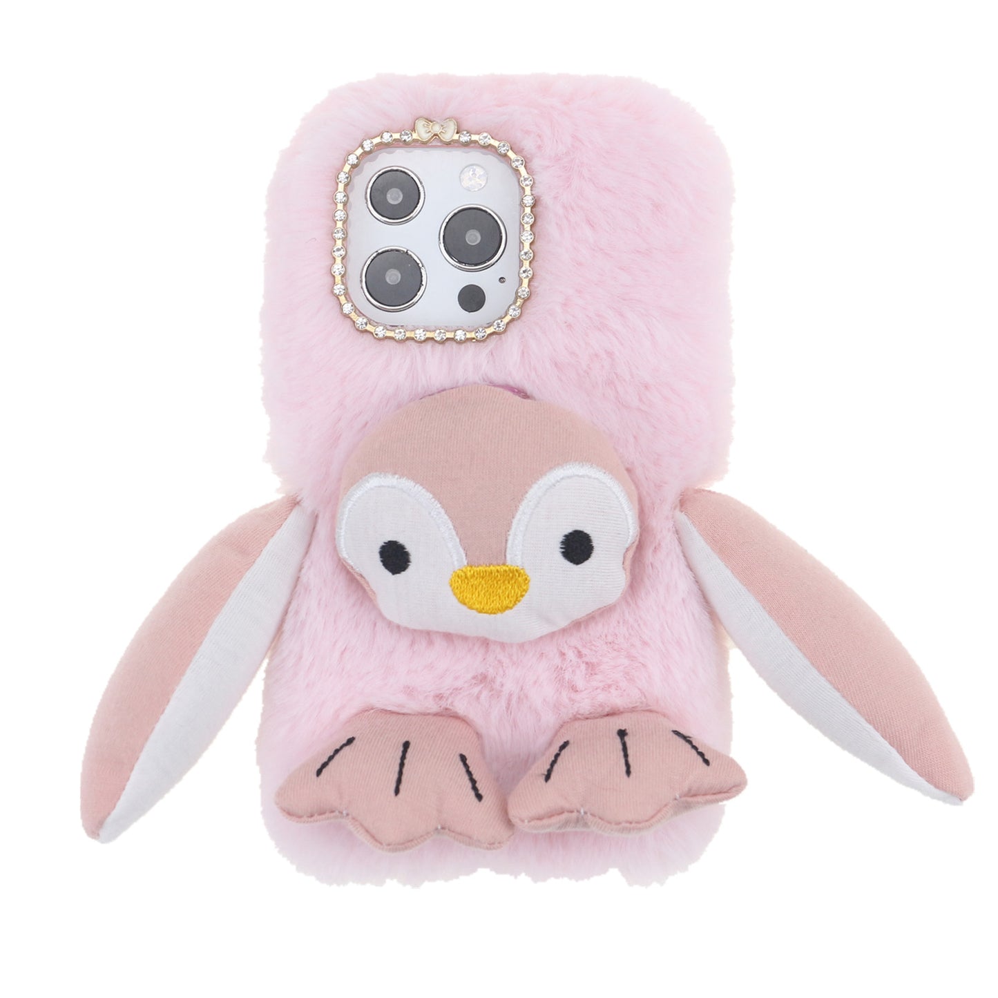 Cute Plush Cartoon Penguin Funny TPU Shell Warm Furry Shockproof Protective Cover with Bling Crystal Rhinestone Bow Knot for iPhone 13 Pro 6.1 inch