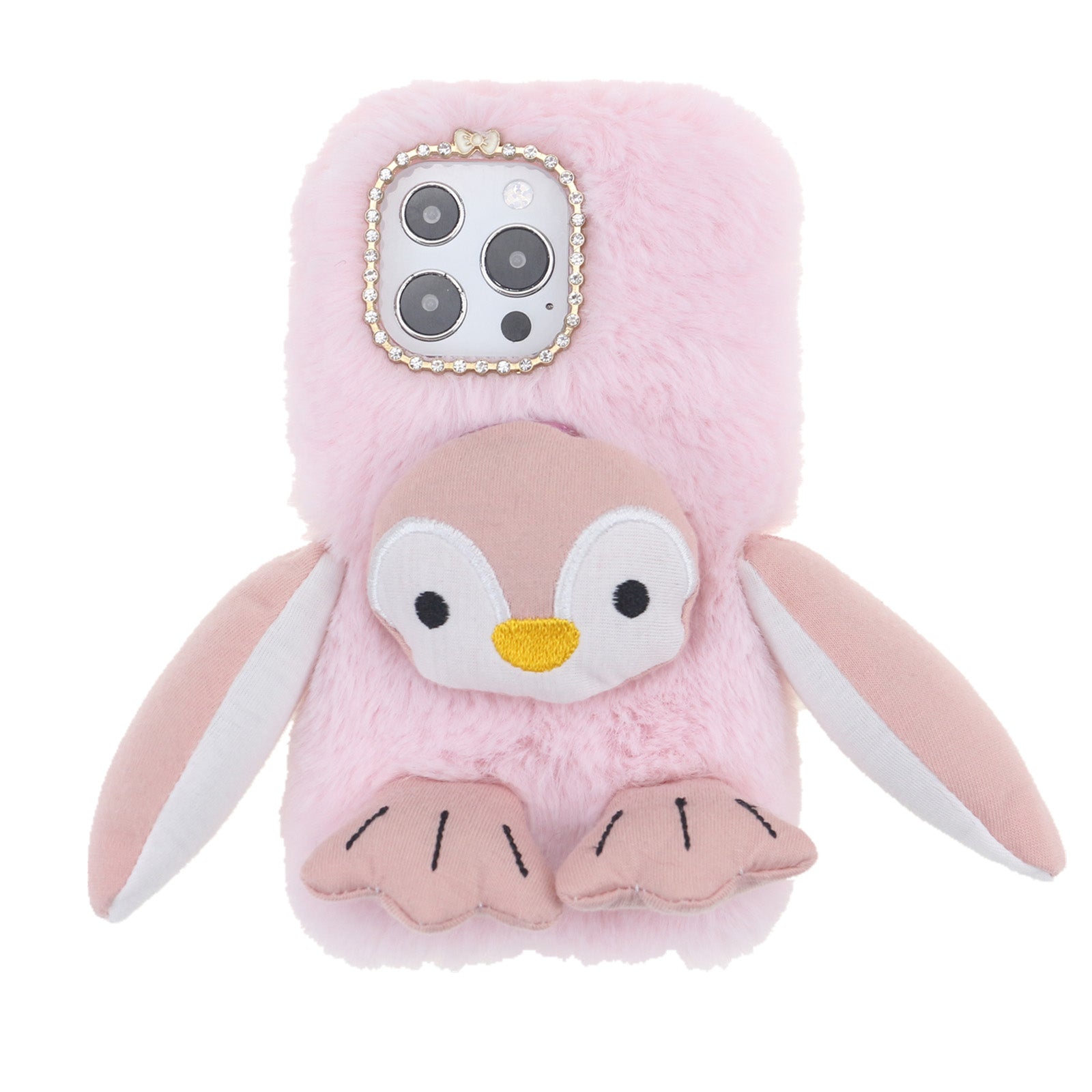 Cute Plush Cartoon Penguin Funny TPU Shell Warm Furry Shockproof Protective Cover with Bling Crystal Rhinestone Bow Knot for iPhone 13 Pro 6.1 inch