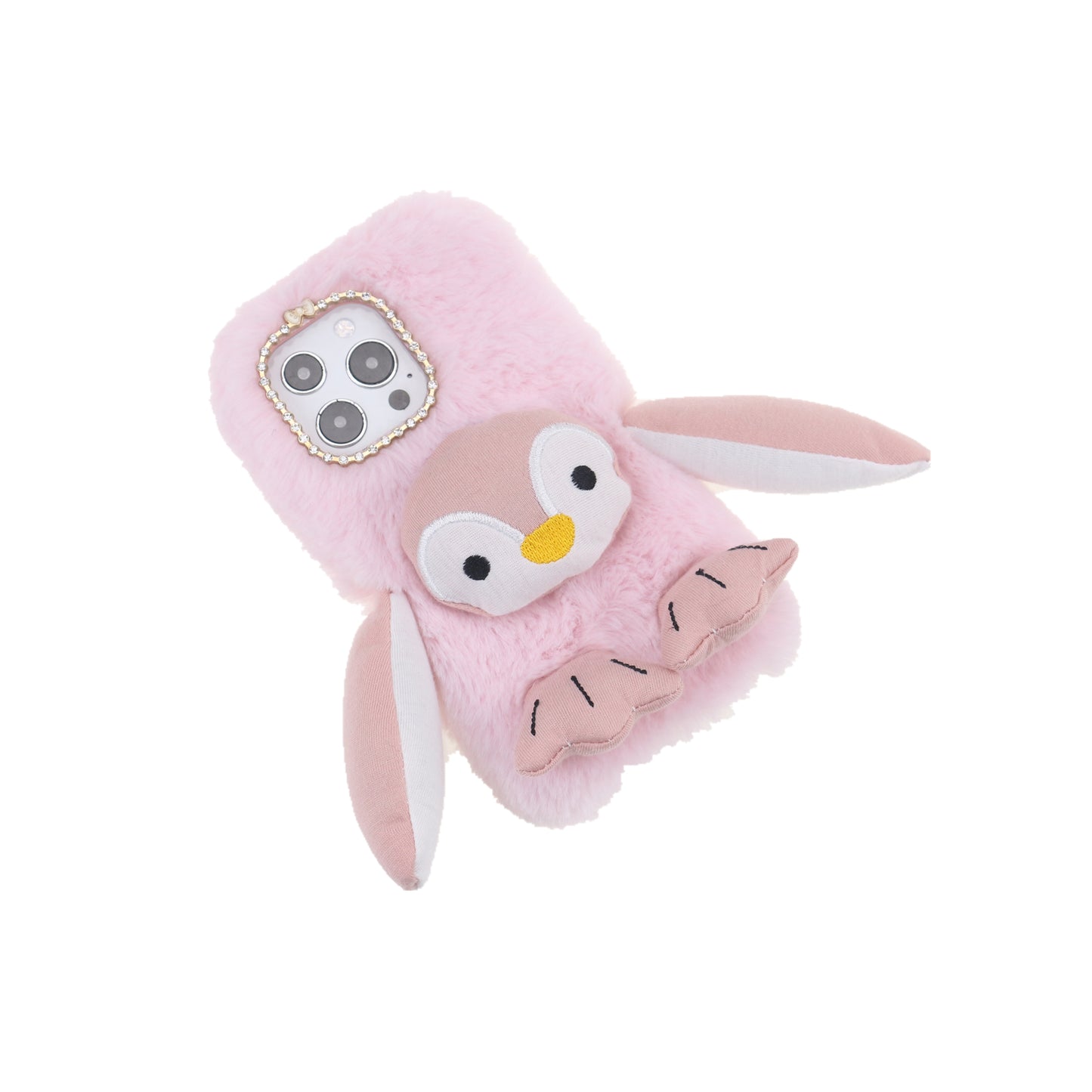 Cute Plush Cartoon Penguin Funny TPU Shell Warm Furry Shockproof Protective Cover with Bling Crystal Rhinestone Bow Knot for iPhone 13 Pro 6.1 inch