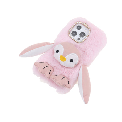 Cute Plush Cartoon Penguin Funny TPU Shell Warm Furry Shockproof Protective Cover with Bling Crystal Rhinestone Bow Knot for iPhone 13 Pro 6.1 inch