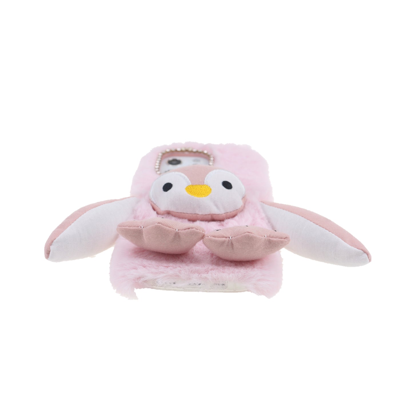Cute Plush Cartoon Penguin Funny TPU Shell Warm Furry Shockproof Protective Cover with Bling Crystal Rhinestone Bow Knot for iPhone 13 Pro 6.1 inch