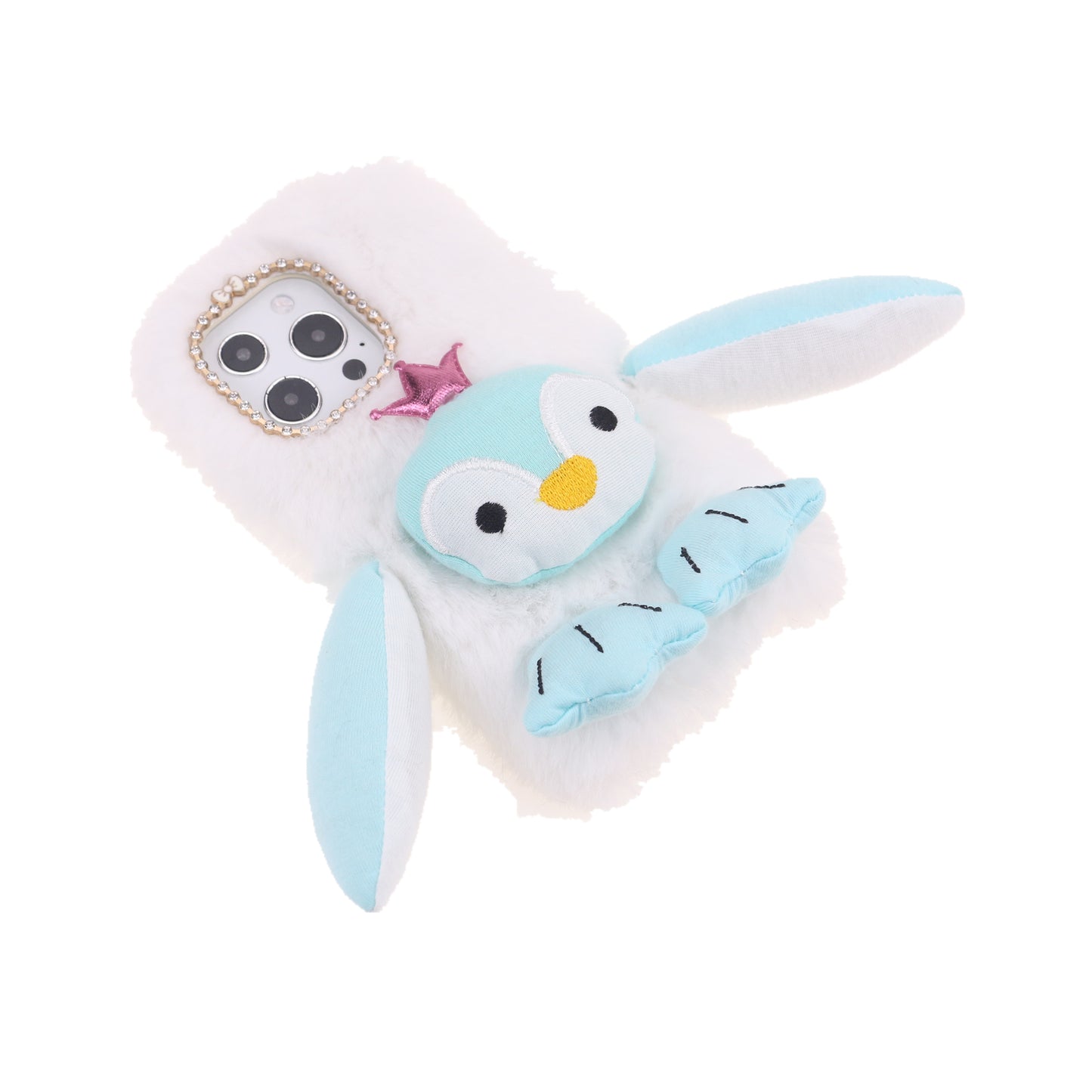 Cute Plush Cartoon Penguin Funny TPU Shell Warm Furry Shockproof Protective Cover with Bling Crystal Rhinestone Bow Knot for iPhone 13 Pro 6.1 inch