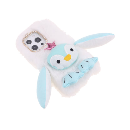 Cute Plush Cartoon Penguin Funny TPU Shell Warm Furry Shockproof Protective Cover with Bling Crystal Rhinestone Bow Knot for iPhone 13 Pro 6.1 inch