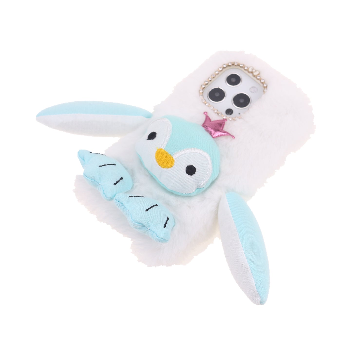 Cute Plush Cartoon Penguin Funny TPU Shell Warm Furry Shockproof Protective Cover with Bling Crystal Rhinestone Bow Knot for iPhone 13 Pro 6.1 inch