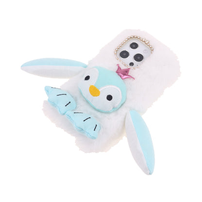 Cute Plush Cartoon Penguin Funny TPU Shell Warm Furry Shockproof Protective Cover with Bling Crystal Rhinestone Bow Knot for iPhone 13 Pro 6.1 inch
