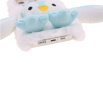 Cute Plush Cartoon Penguin Funny TPU Shell Warm Furry Shockproof Protective Cover with Bling Crystal Rhinestone Bow Knot for iPhone 13 Pro 6.1 inch