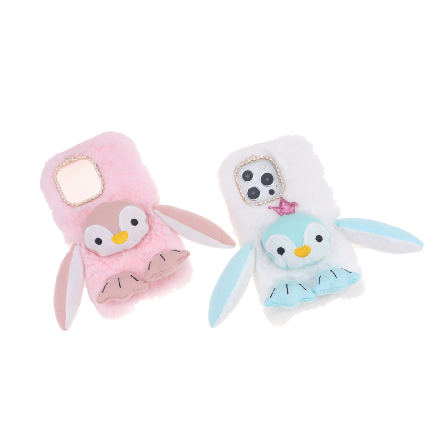 Cute Plush Cartoon Penguin Funny TPU Shell Warm Furry Shockproof Protective Cover with Bling Crystal Rhinestone Bow Knot for iPhone 13 Pro 6.1 inch