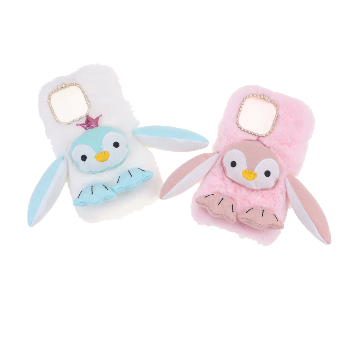 Cute Plush Cartoon Penguin Funny TPU Shell Warm Furry Shockproof Protective Cover with Bling Crystal Rhinestone Bow Knot for iPhone 13 Pro 6.1 inch