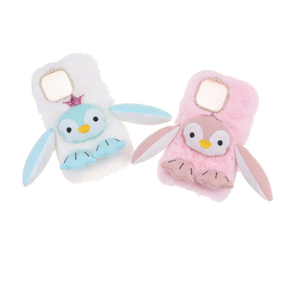 Cute Plush Cartoon Penguin Funny TPU Shell Warm Furry Shockproof Protective Cover with Bling Crystal Rhinestone Bow Knot for iPhone 13 Pro 6.1 inch
