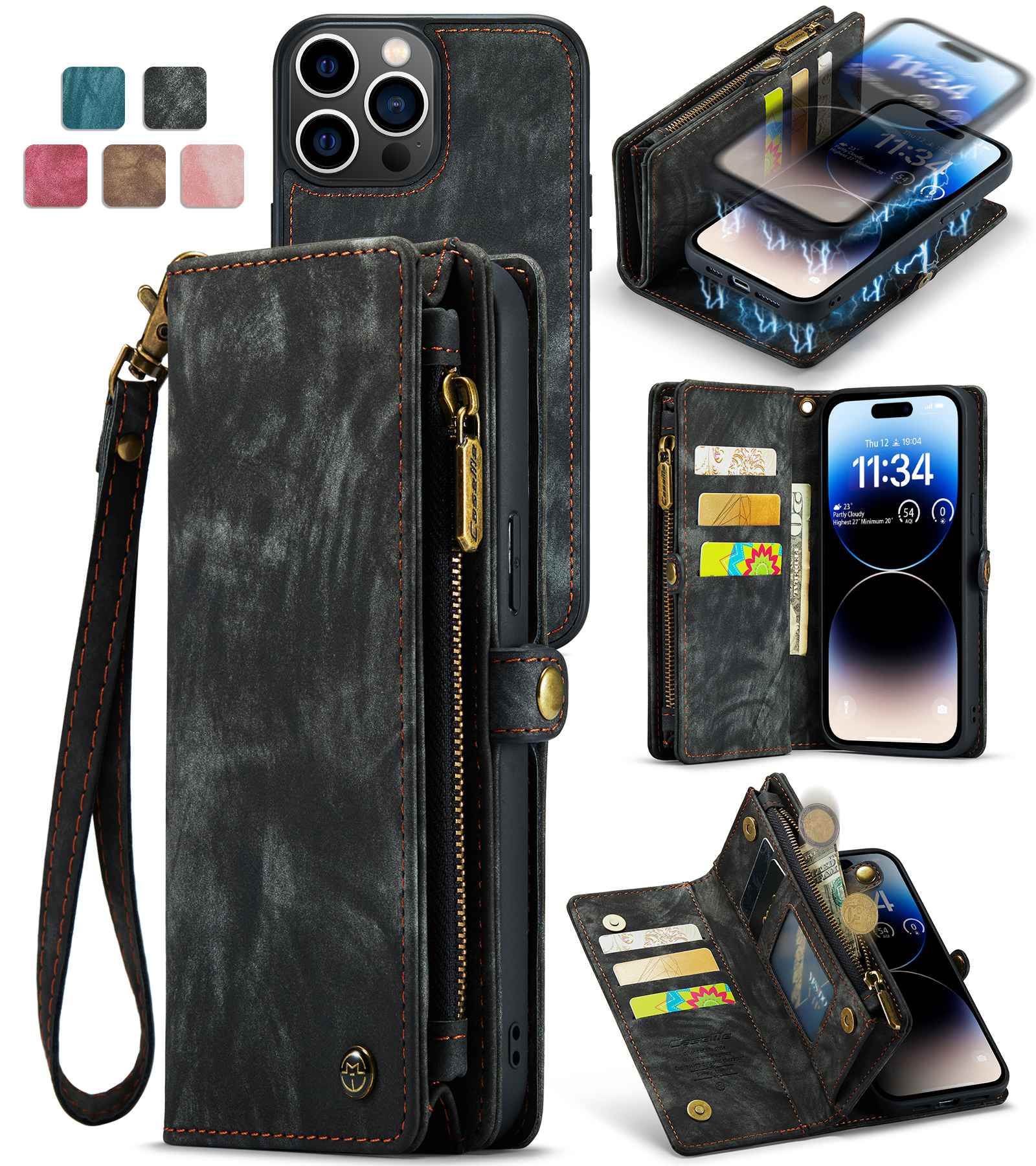 CASEME 008 Series Shock-Absorbed Detachable 2-in-1 Multi-function TPU + Split Leather Phone Wallet Stand Shell for iPhone 13 Pro Max 6.7 inch