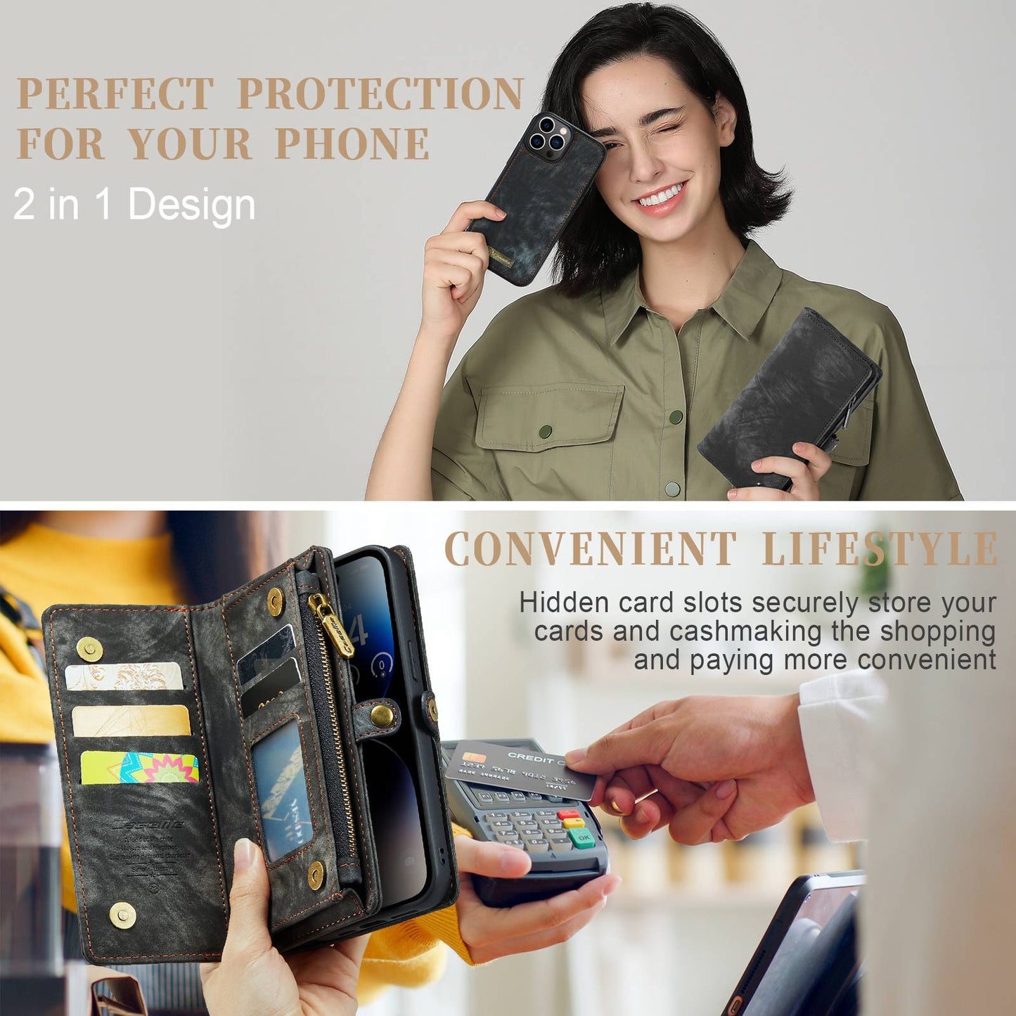 CASEME 008 Series Shock-Absorbed Detachable 2-in-1 Multi-function TPU + Split Leather Phone Wallet Stand Shell for iPhone 13 Pro Max 6.7 inch