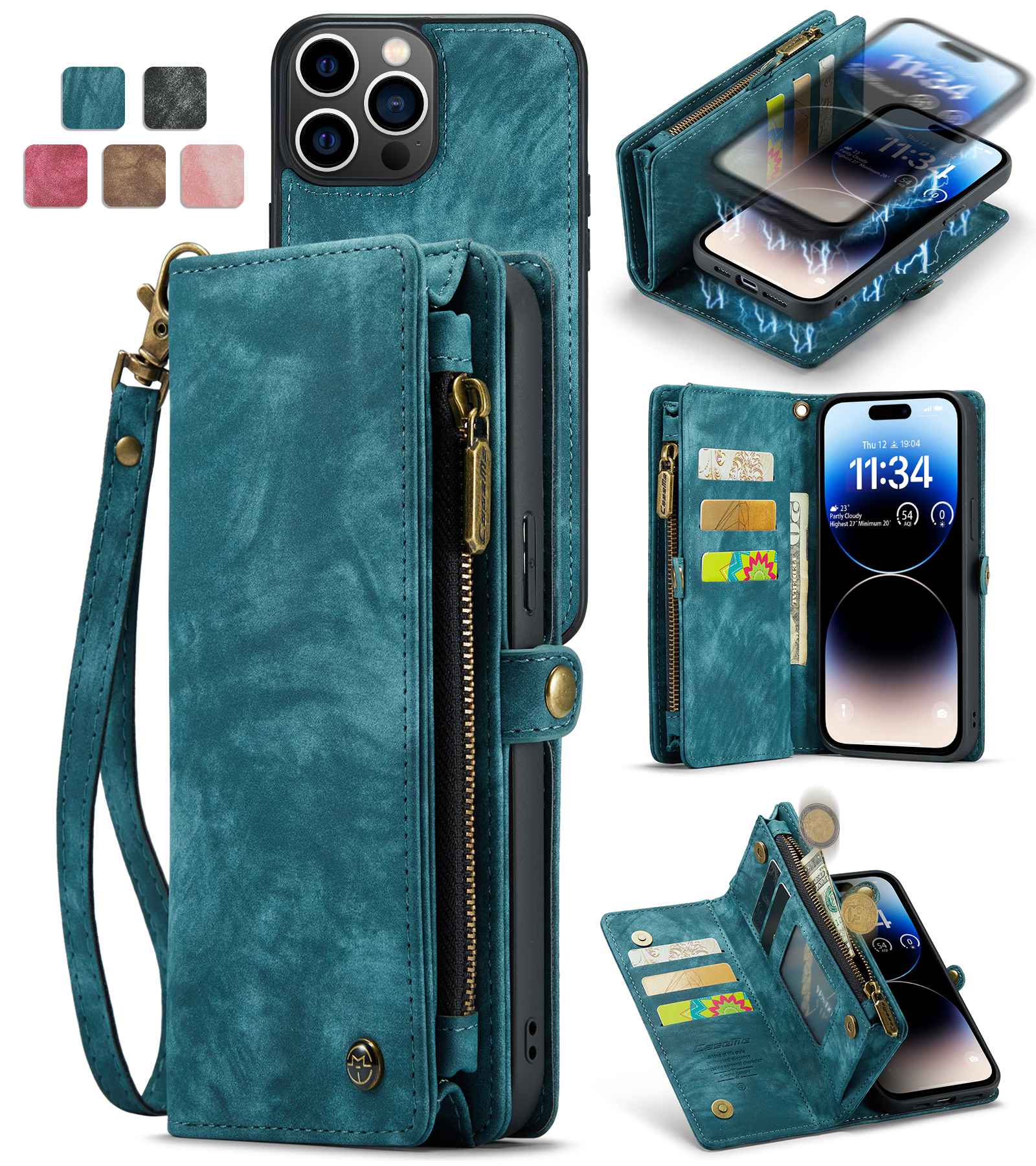 CASEME 008 Series Shock-Absorbed Detachable 2-in-1 Multi-function TPU + Split Leather Phone Wallet Stand Shell for iPhone 13 Pro Max 6.7 inch