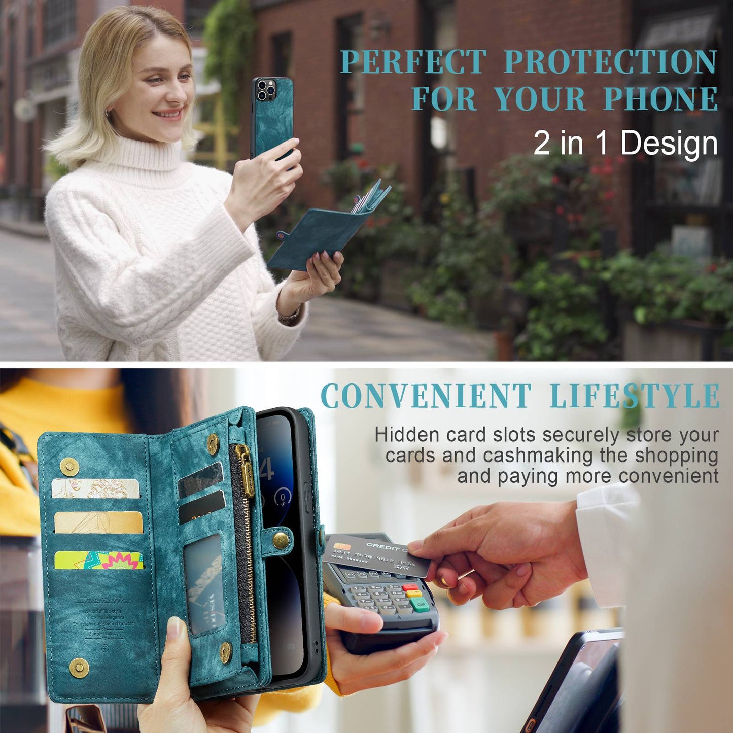 CASEME 008 Series Shock-Absorbed Detachable 2-in-1 Multi-function TPU + Split Leather Phone Wallet Stand Shell for iPhone 13 Pro Max 6.7 inch