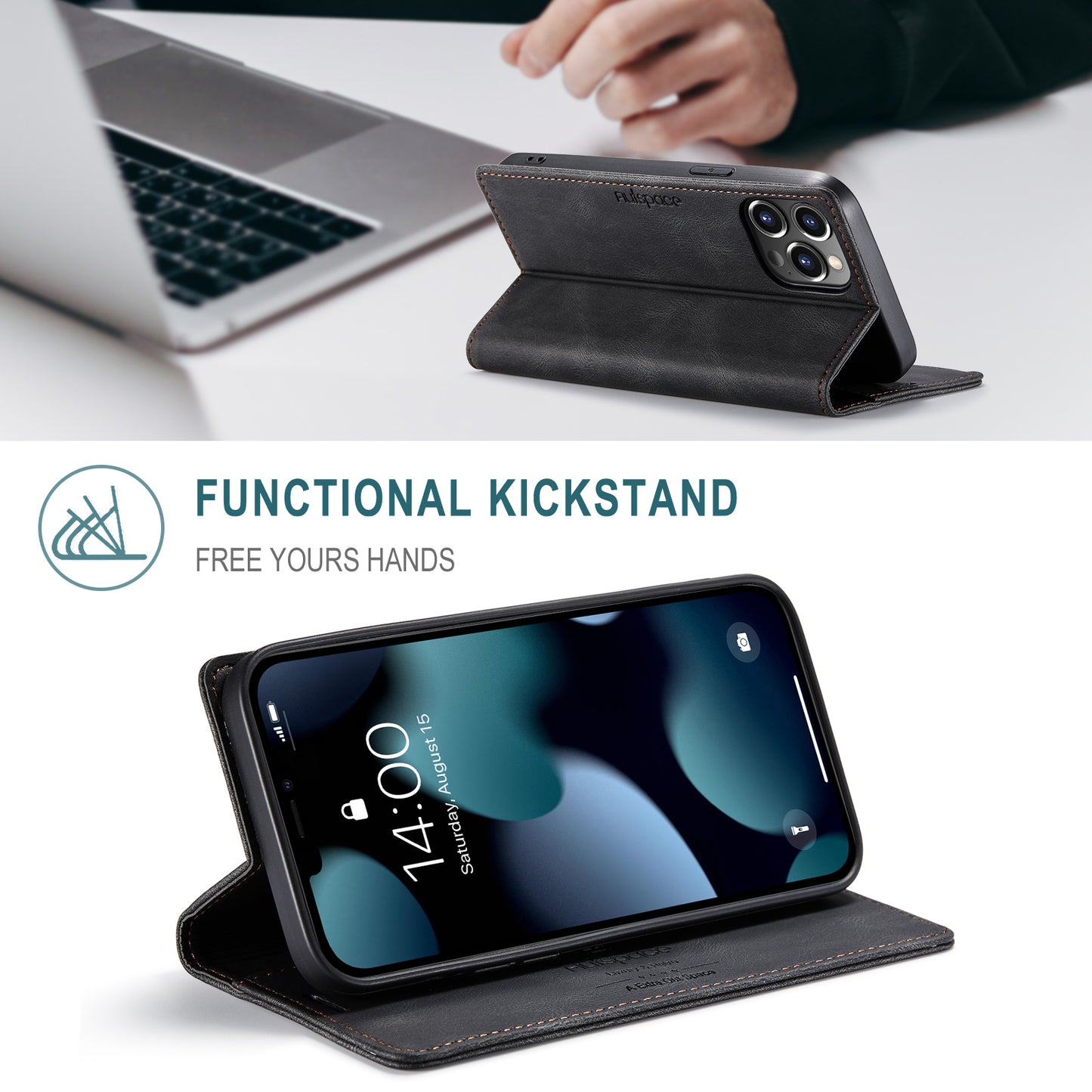 AUTSPACE A01 Series Retro Matte Leather Wallet Case with RFID Blocking Stand Flip Magnetic Cover for iPhone 13 Pro Max 6.7 inch