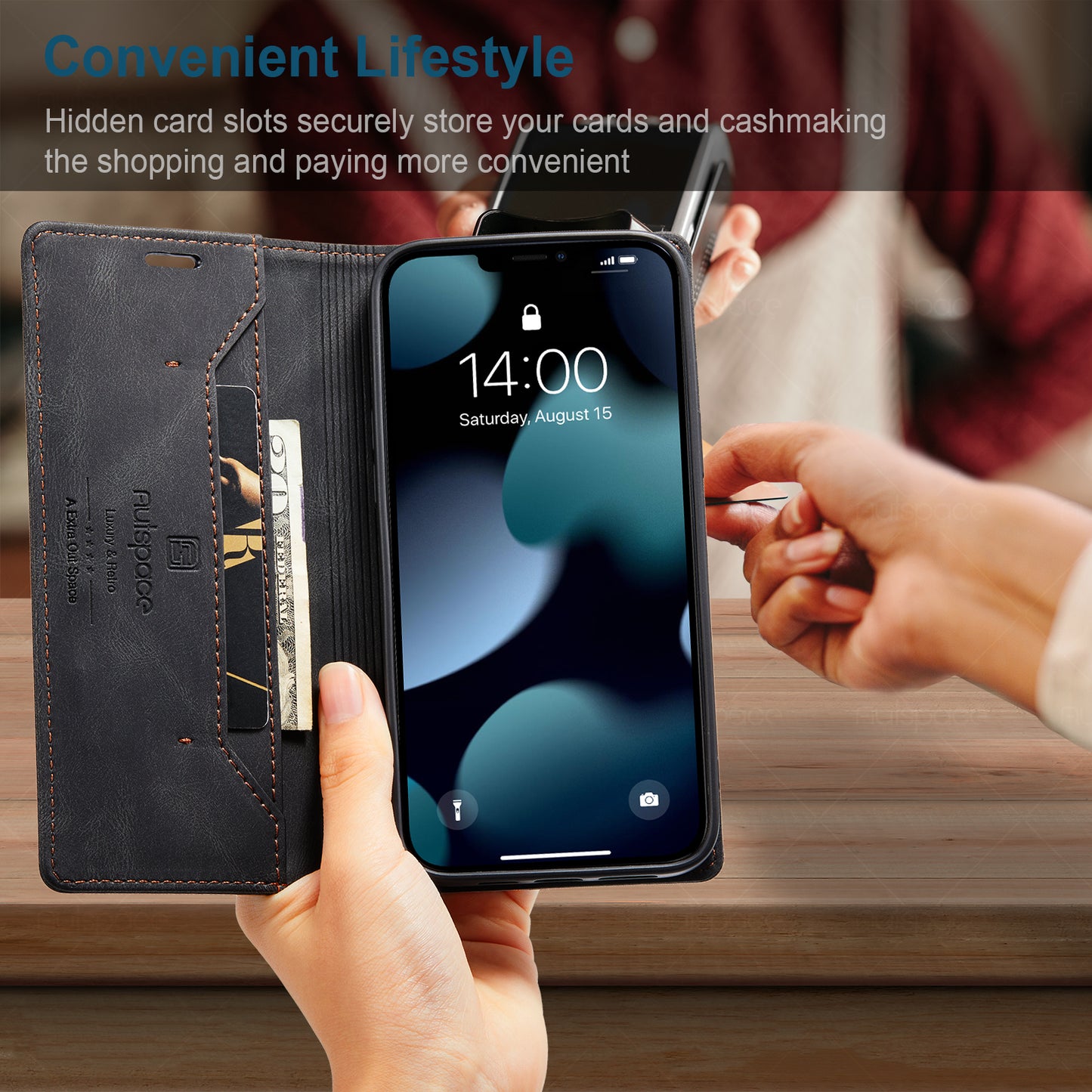 AUTSPACE A01 Series Retro Matte Leather Wallet Case with RFID Blocking Stand Flip Magnetic Cover for iPhone 13 Pro Max 6.7 inch