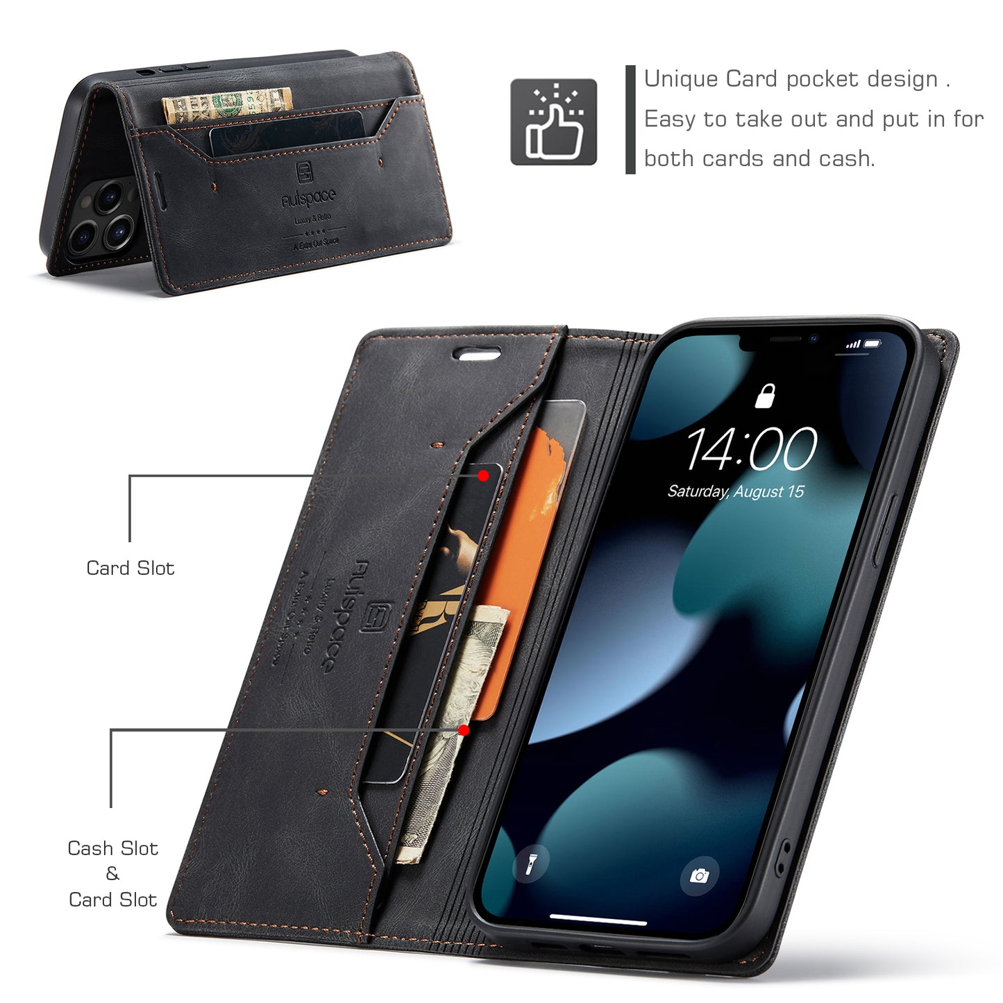 AUTSPACE A01 Series Retro Matte Leather Wallet Case with RFID Blocking Stand Flip Magnetic Cover for iPhone 13 Pro Max 6.7 inch