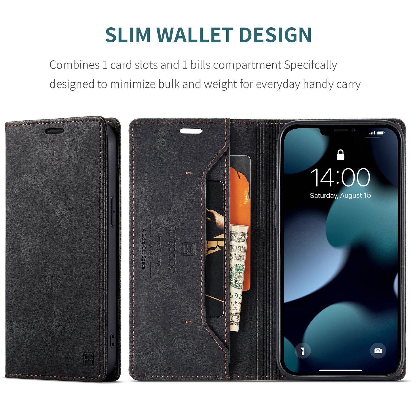 AUTSPACE A01 Series Retro Matte Leather Wallet Case with RFID Blocking Stand Flip Magnetic Cover for iPhone 13 Pro Max 6.7 inch