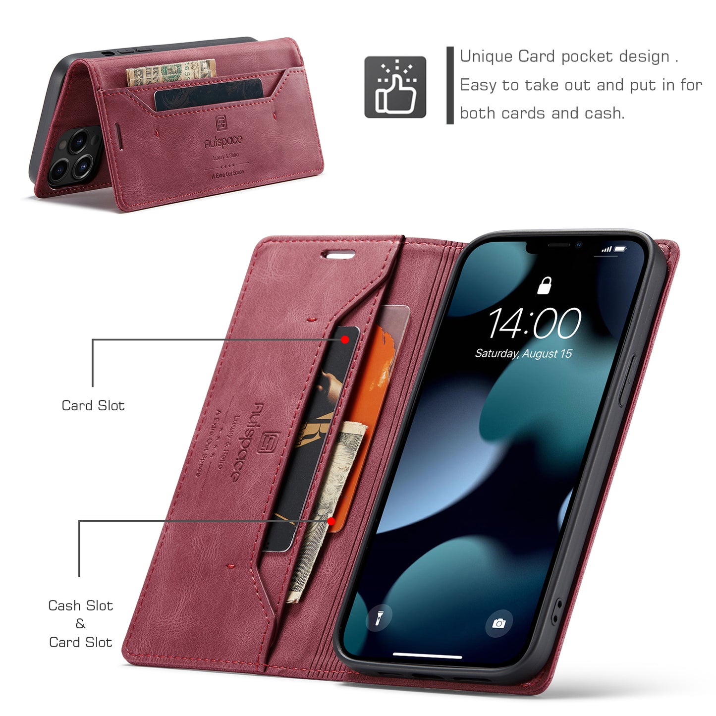 AUTSPACE A01 Series Retro Matte Leather Wallet Case with RFID Blocking Stand Flip Magnetic Cover for iPhone 13 Pro Max 6.7 inch