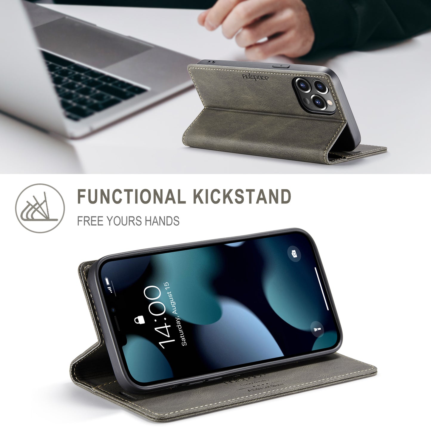 AUTSPACE A01 Series Retro Matte Leather Wallet Case with RFID Blocking Stand Flip Magnetic Cover for iPhone 13 Pro Max 6.7 inch