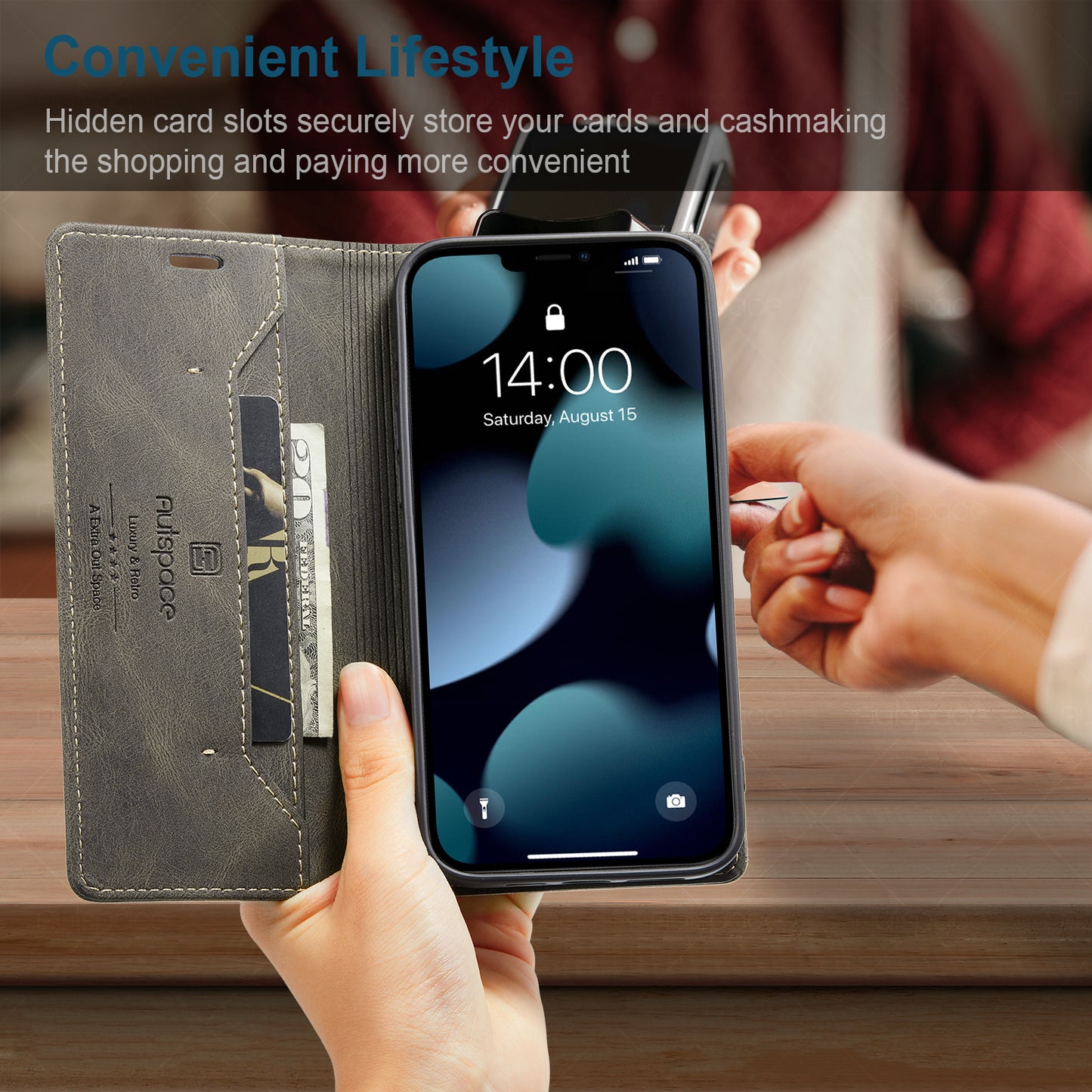 AUTSPACE A01 Series Retro Matte Leather Wallet Case with RFID Blocking Stand Flip Magnetic Cover for iPhone 13 Pro Max 6.7 inch