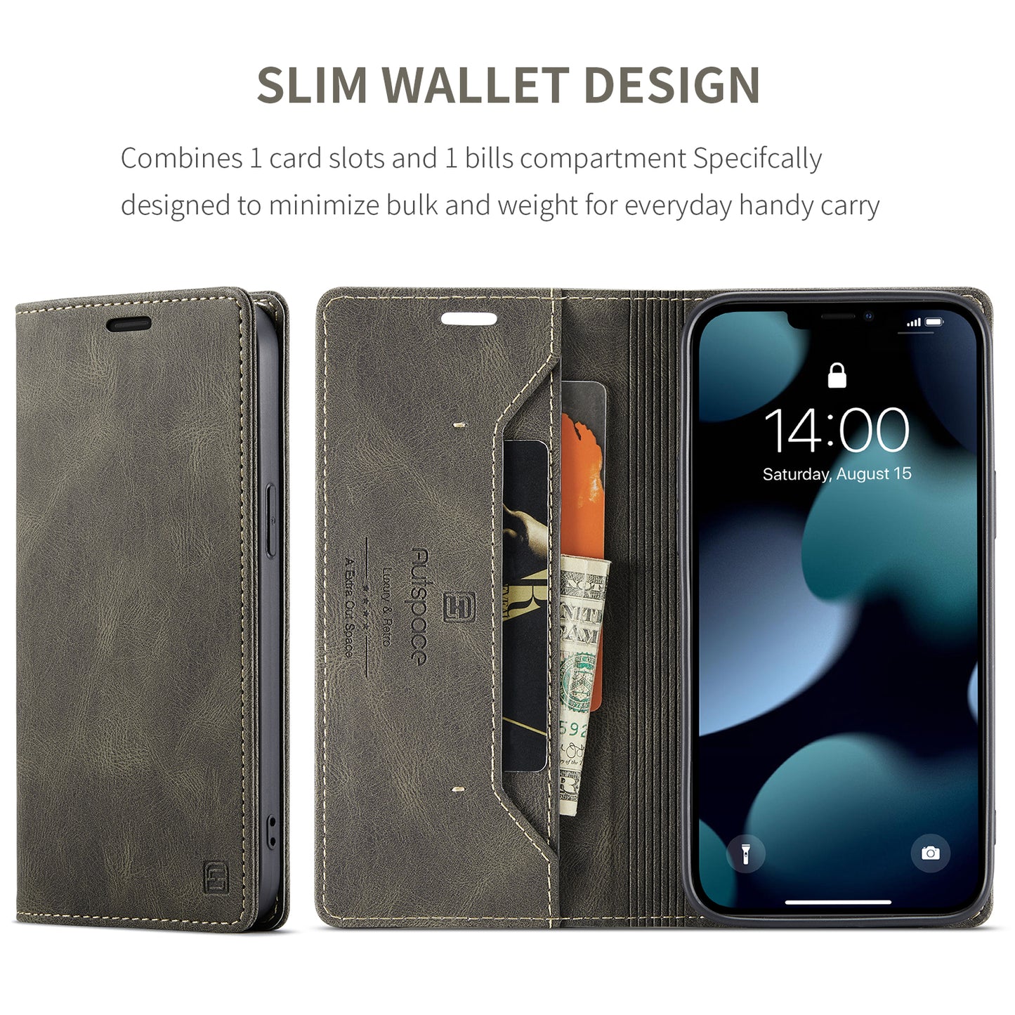 AUTSPACE A01 Series Retro Matte Leather Wallet Case with RFID Blocking Stand Flip Magnetic Cover for iPhone 13 Pro Max 6.7 inch