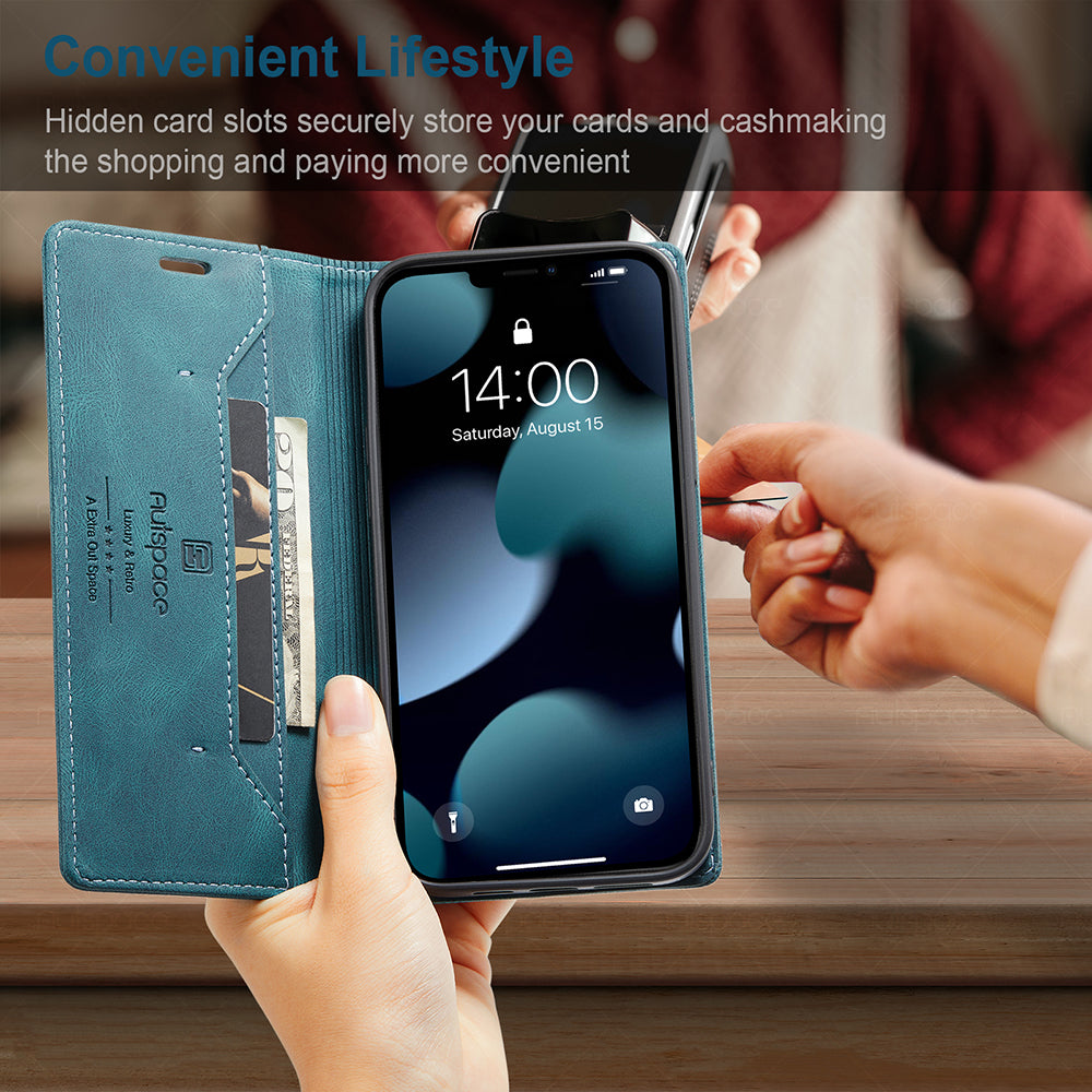 AUTSPACE A01 Series Retro Matte Leather Wallet Case with RFID Blocking Stand Flip Magnetic Cover for iPhone 13 Pro Max 6.7 inch