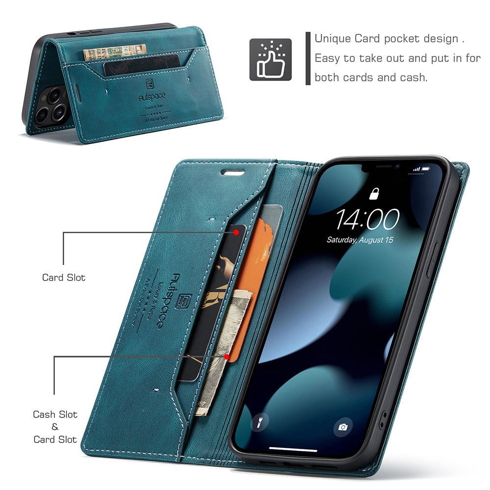 AUTSPACE A01 Series Retro Matte Leather Wallet Case with RFID Blocking Stand Flip Magnetic Cover for iPhone 13 Pro Max 6.7 inch