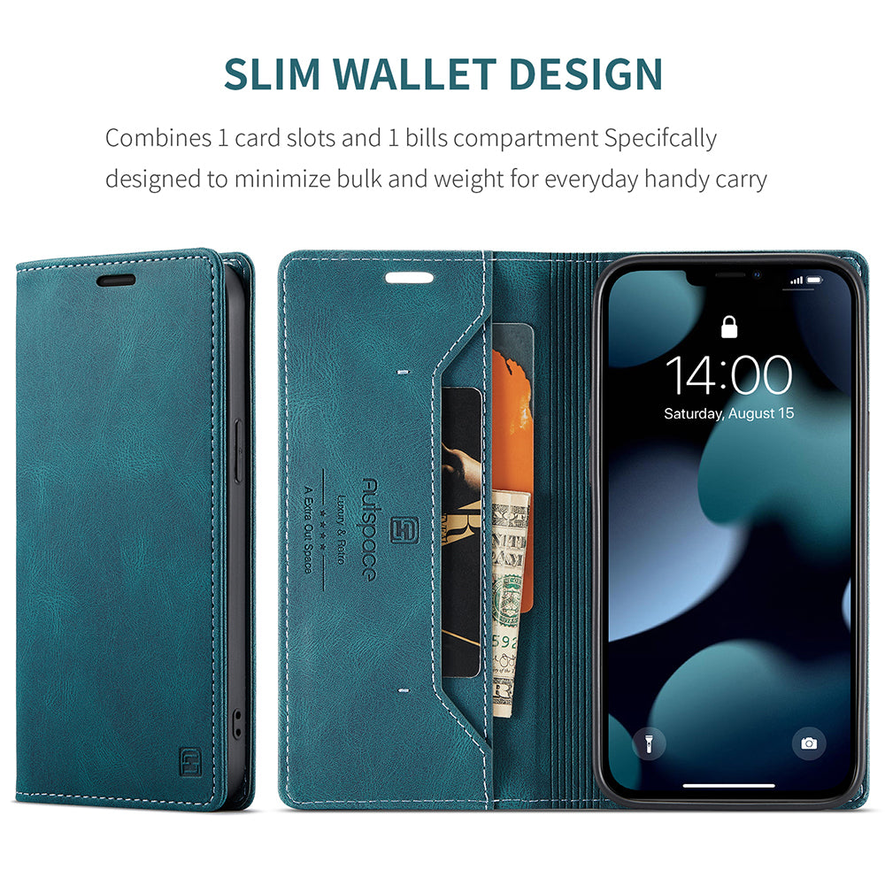 AUTSPACE A01 Series Retro Matte Leather Wallet Case with RFID Blocking Stand Flip Magnetic Cover for iPhone 13 Pro Max 6.7 inch